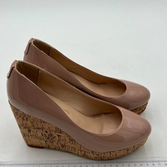 XYD Nude Round Toe Wood Platform Pumps Slip On Patent Wedge Cork High Heel Shoes - Picture 4 of 8